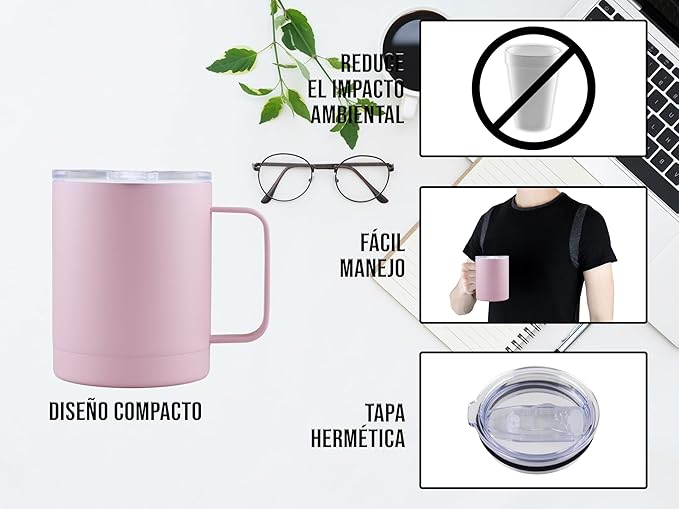 taza para café doble capa antiderrame multifuncional 12oz ROSA