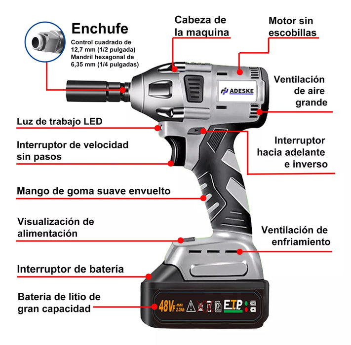 Kit Llave de Impacto Inalámbrico Eléctrico 288vf 2 Baterías GRADO B