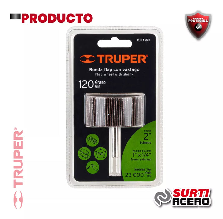 Kit 6 Rueda Flap 2 Pulgadas   Lija Grano 120p  Taladro 13039 Truper GRADO A