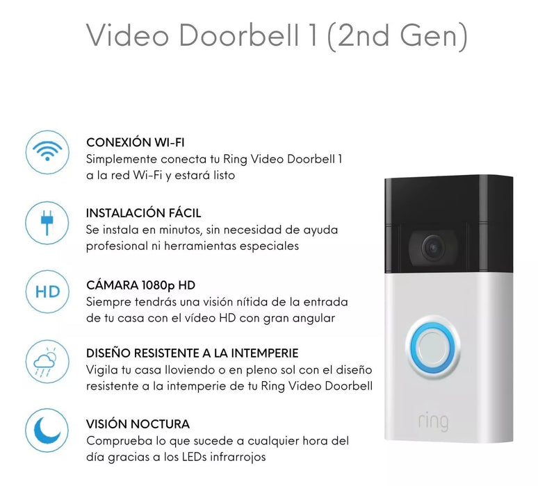 RING VIDEO DOORBELL 1 GEN 2 TIMBRE INTELIGENTE INALAMBRICO COLOR PLATEADO GRADO B