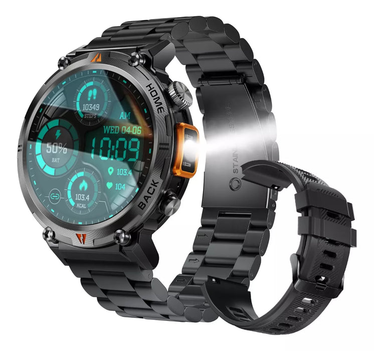 smartwatch series ke3 tactical negra, con doble correa de plástico negra GRADO B