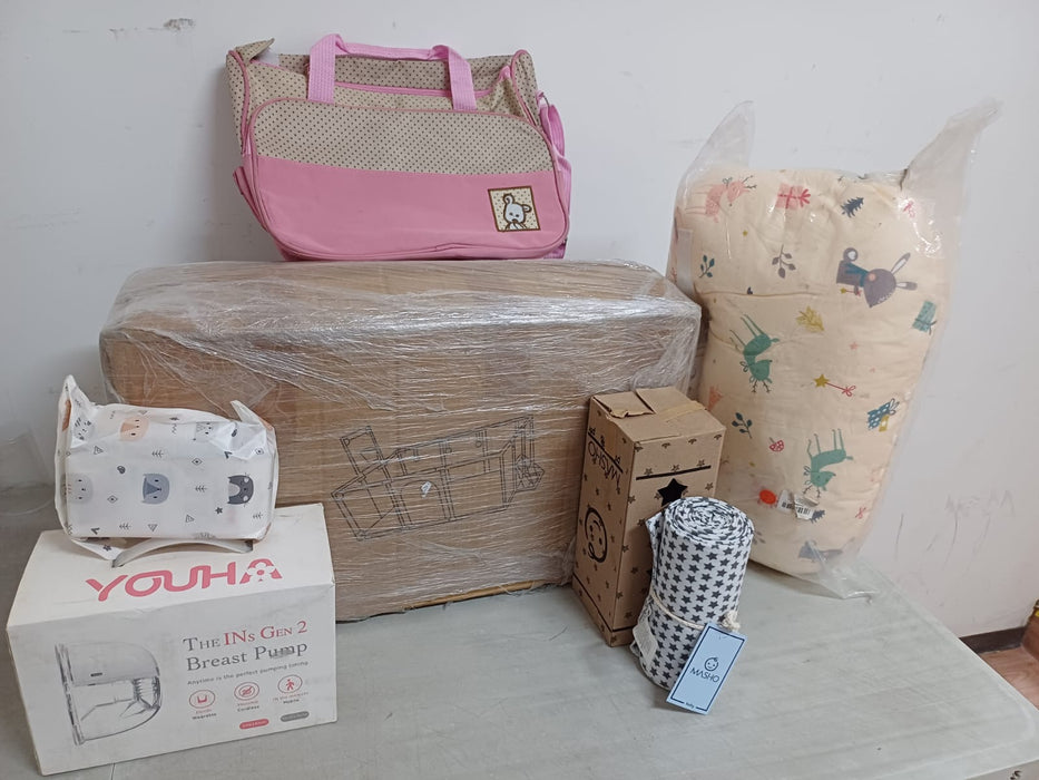 LOTE 6 ARTÍCULOS PARA BEBE (Bebe en camino )Grado B. Pañalera, tiraleche, corral para bebe y almohada para brazos