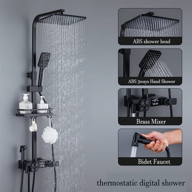 GRIFO DE DUCHA DE BAÑO NEGRO CON LUZ LED PANEL DE DUCHA 5 EN 1