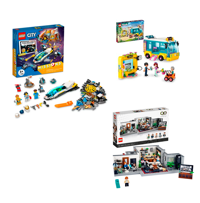 Lote Grado A 3 SETS DE JUGUETES LEGO NUEVOS (LEGO City Misiones de exploración espacial de Marte, LEGO Icons Queer Eye Loft de los 5 Fab, LEGO Friends Autobús de Heartlake City )