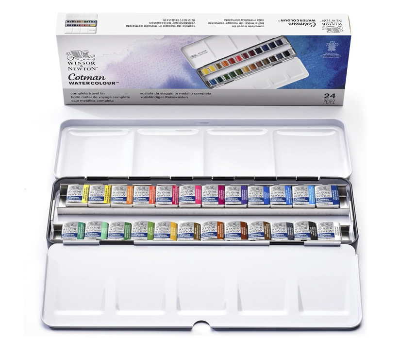 WINSOR & NEWTON COTMAN - JUEGO DE ACUARELA, CAJA DE METAL, 24 MEDIAS SARTENES